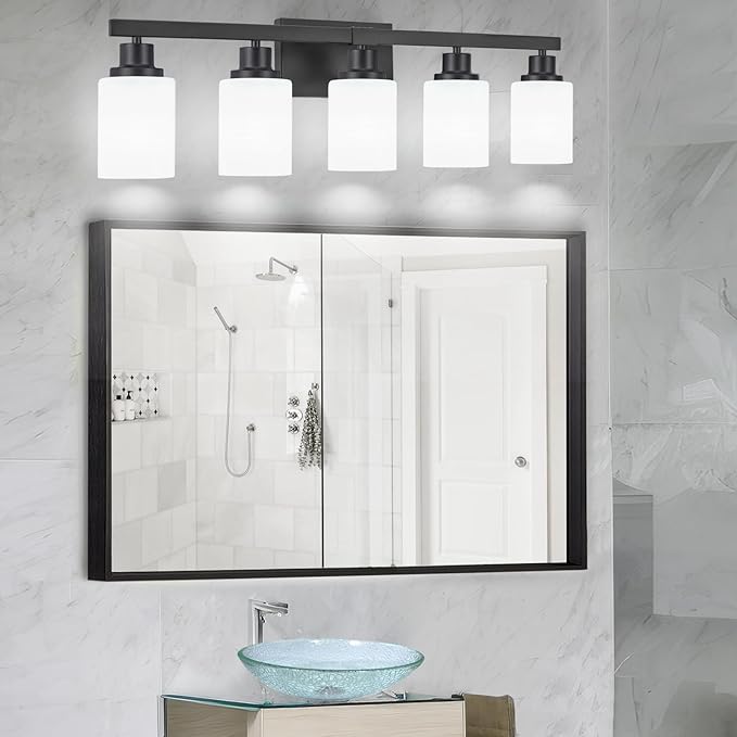 DIKAIDA Bathroom Vanity Light, 5-Light Vanity Lighting Fixture Over Mirror for Bathroom, 30" Matte Black Wall Light Fixture, Wall Sconces with Frosted Glass Shade for Mirror Bedroom Living Room
