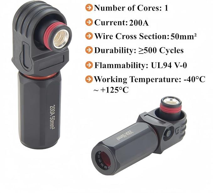Right Angle Energy Storage System Power Connector IP67 Waterproof 200A 50mm² Single Core HV Battery Storage Plug,1PC (Black, 200A)