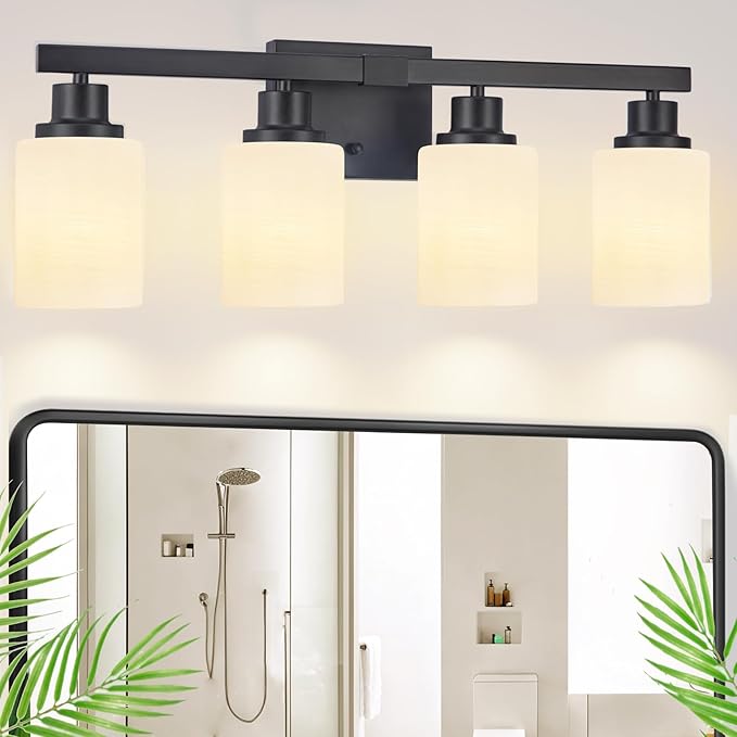 DIKAIDA Bathroom Light Fixtures, 4-Light Matte Black Bathroom Vanity Lights with Milky White Glass Shade, Bathroom Lights Over Mirror Wall Lamp Sconces for Mirror Bedroom, Living Room Hallway