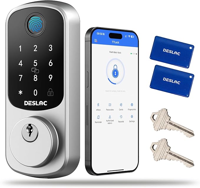 DESLOC Smart Door Lock B200, Smart Deadbolt Lock, Keyless Entry Door Lock, Fingerprint Smart Lock, Smart Locks for Front Door, App Control, Touchscreen Keypad Deadbolts,12-Month Battery, BHMA Grade3