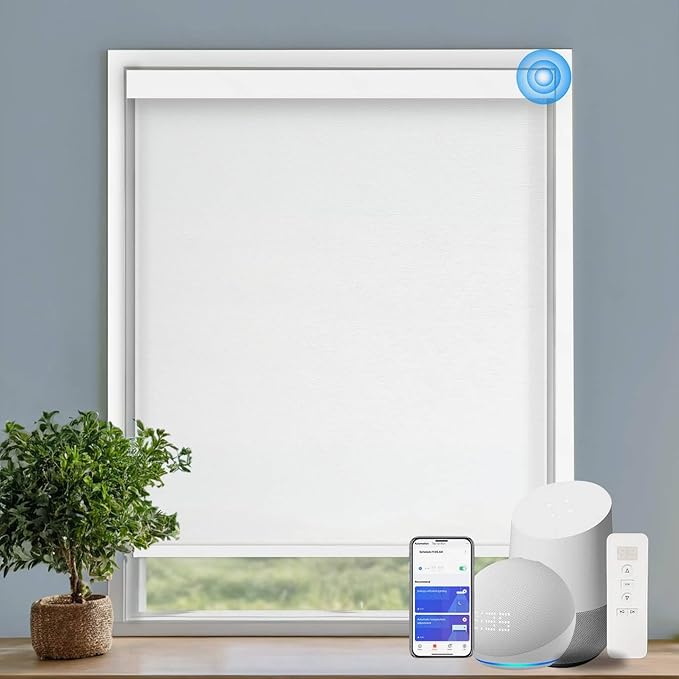 COOLWINDS Motorized Blinds with Remote Cordless Automatic Motorized Shades Custom Blinds for Windows Smart Curtains Compatible with Alexa Google Home(Light Filtering Jacquard White,W62 x H72in)