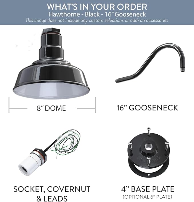 Steel Lighting Co. Hawthorne Barn Light | Outdoor Wall Mounted | 8 inch Dome | 16 inch Gooseneck| Small Farmhouse Light Made in America | Black Exterior/White Interior