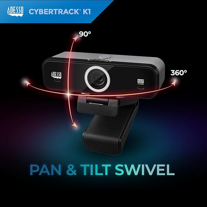 Adesso CyberTrack K1 1080P Full HD Fixed Focus USB Webcam with Adjustable View Angle Built-in Dual Microphones, Privacy Shutter, Audio/Video Mode Privacy ON/Off Switch & Tripod Mount