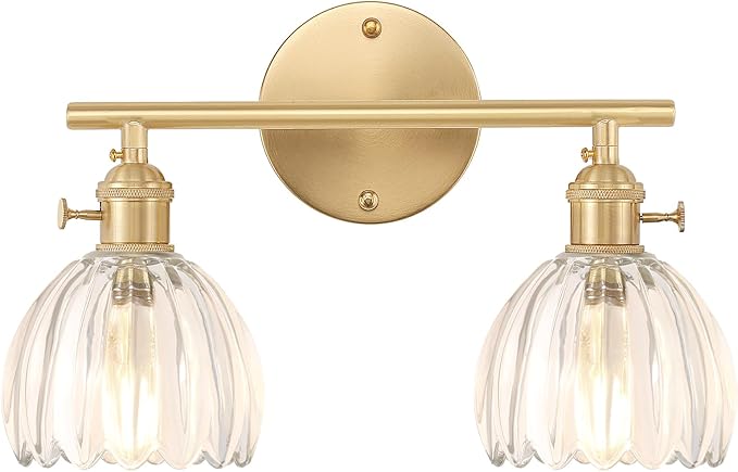 Shenmoyl Bathroom Light Fixtures, 2-Light Brass Vanity Wall Light Over Mirror with Clear Tulip Glass Shade for Bedroom Living Room (Bulb Not Included)
