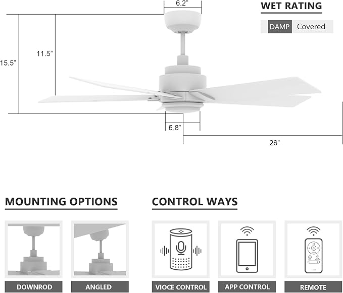 SMAAIR Smart Wifi LED Ceiling Fan, 52inch Plywood Indoor/Outdoor smart ceiling fan with Remote, App control with Timer and Schedule, Compatible with Alexa/Google Assistant/Siri Shortcuts (White)