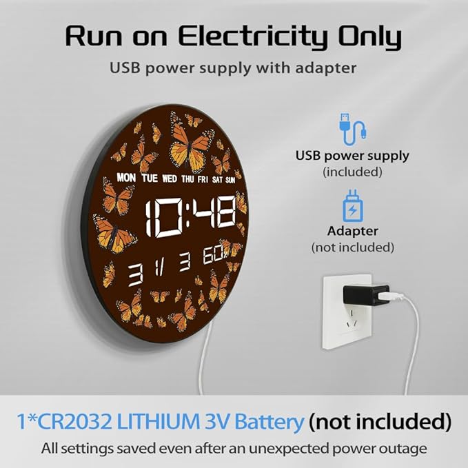 Timethink 12 Inch Butterfly Digital Wall Clock Large Display, Monarch Butterflies Entomology Nature Insect Electric Wall Clock with Temperature, Smart Dimming, Date, 12/24hr, Plug in LED for Kitchen