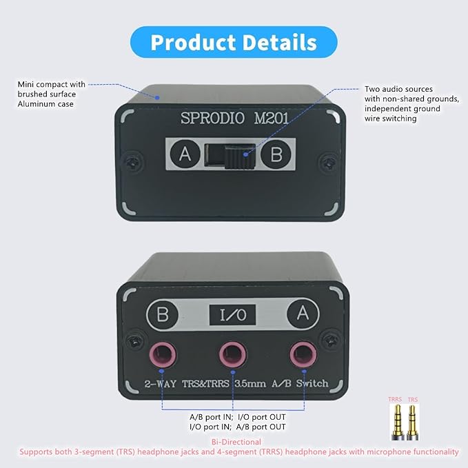 SPRODIO 2 Way in-line 3.5mm Audio Switch Box A/B Selector Switcher Compatible with 1/8" Microphone TRRS TRS Independent Ground no noise-M201
