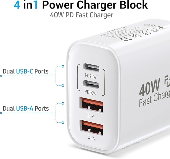 USB C Charging Block, 2-Pack 40W 4 Ports USBC Wall Charger Plug Fast Charging, iPhone Charger QC Multiport Adapter Charger Type C Box Brick Cube for iPhone 17 16 15 14 13 12 11 Pro Max, Samsung Phone