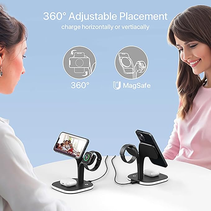 3 in 1 Wireless Charging Station for Apple Magsafe Charger Stand,Magnetic Wireless Charger Station for iPhone 17 Air 16 15 14 13 12 Series,Apple Watch Series 1-10,AirPods with LED and Adapter