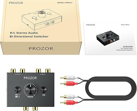 PROZOR RCA Stereo Audio Switcher - 2 in 1 Out R/L Stereo Audio Switch, 1 in 2 Out Stereo Audio Splitter with Mute Button and No External Power Required