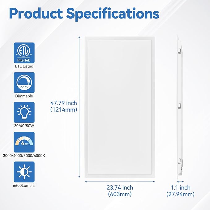 CycevSun 24-Pack 2x4 LED Flat Panel Light - Drop Ceiling, 40/50/60W Selectable, Up to 6600LM, 4CCT 3000K/4000K/5000K/6000K, 0-10V Dimmable, 100-277V, ETL Listed