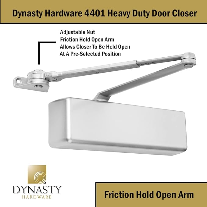 Dynasty Hardware Door Closer, Grade 1 Heavy Duty Commercial Hydraulic Closer & Hold Open Arm, Self-Closing, Adjustable Spring Size 1-6, ADA Compliant, Surface Mount, Sprayed Aluminum, Series 4401
