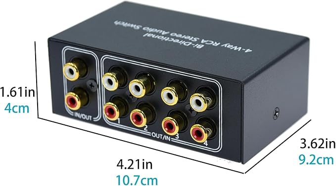 No Noise 4 Way 1 in 4 Out or 4 in 1 Out Audio Sound selector RCA Female Stereo 4 Channel Splitter switcher Box Switching No External Power