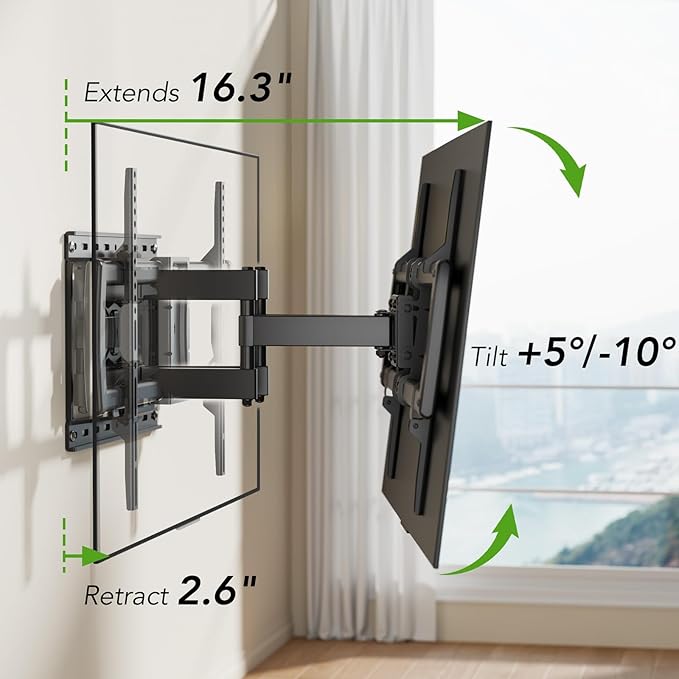 Full Motion TV Wall Mount Bracket for Most 32-85 inch TVs,TV Mount with Dual Articulating Arms,Tilt/Swivel/Extension/Leveling,Fits 8” 12” 16" Studs,Max VESA 600x400mm, Holds up to 132lbs