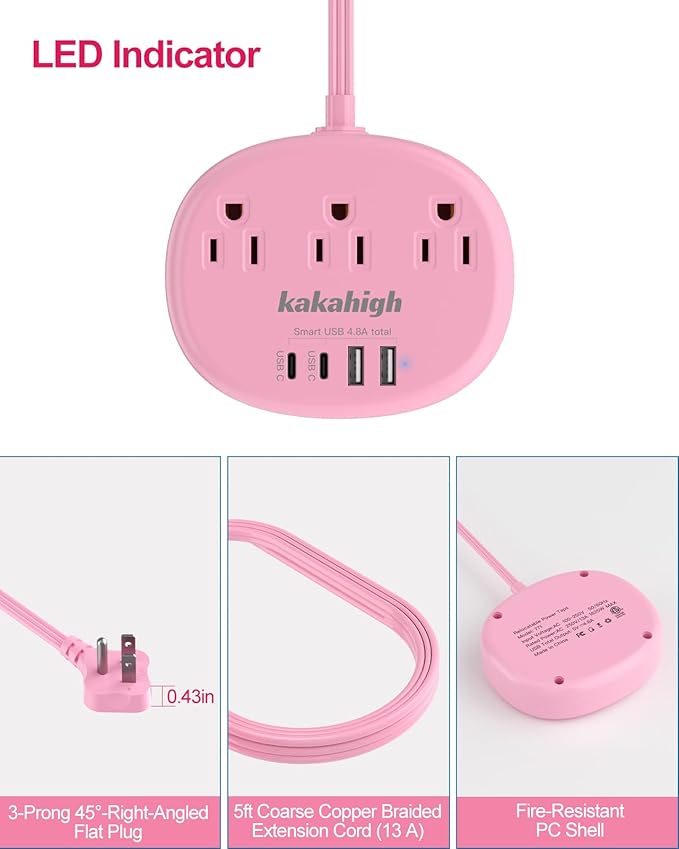Pink Extension Cord with Surge Protected 1080J - 5 FT Kawaii Power Strip, 1625W Cute Extension Cord with 3 AC Outlet 4 USB (24W/4.8A), Compact for Cute Pink Kawaii Desk Home Essentials
