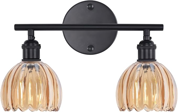 Shenmoyl Bathroom Light Fixtures, 2-Light Black Vanity Wall Light Over Mirror with Amber Tulip Glass Shade for Bedroom Living Room (Bulb Not Included)