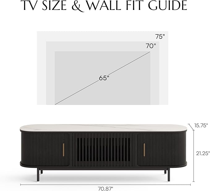 POVISON Fully-Assembled Mid Century Modern Black TV Stand with White Glossy Sintered Stone Tabletop & LED Lights, Rolling Door Media Console, Wood TV Console for Living Room