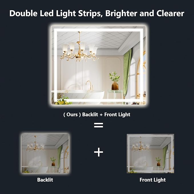 YEELAIT 51x40 Inch LED Bathroom Mirror with Lights Front and Backlit Lighted Vanity Mirror for Bathroom Wall with 3 Colors Dimmable Anti-Fog Memory Shatter-Proof IP54 Waterproof Horizontal/Vertical