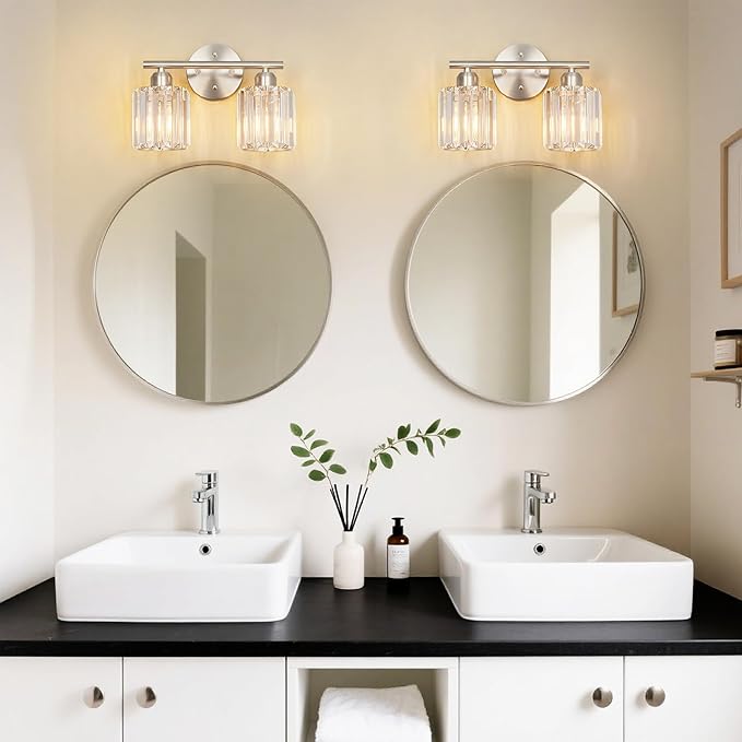 FDPBY Modern 2 Light Crystal Vanity Light, Brushed Nickel Vertical Bathroom Light Fixture Over Mirror for Dressing Table Sink, Compatible with Dimmable Bulbs (Bulbs Not Included)