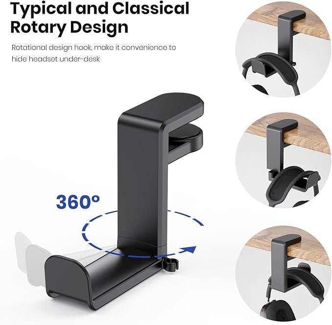 3in1 Rotating Headphone Holder - EURPMASK 3in1 PC Gaming Headset Holder w/Detachable Controller Holder, Adjustable Clamp-on Headset Stand,Headphone Hanger Hook Under Desk w/Cable Clip Organizer,Black