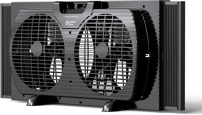 Comfort Zone Window Fan for Bedroom, 9 inch 3 Speed Dual Fans with Auto-Locking Expanders, Window Exhaust Fan, Removeable Bug Screen, Black