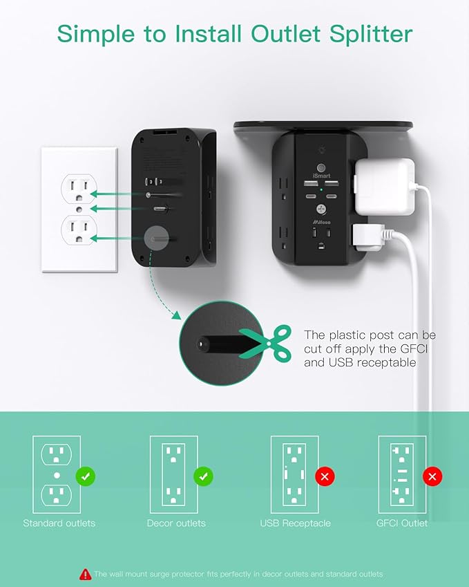 Wall Outlet Extender with Shelf and Night Light, Surge Protector, USB Wall Charger with 5 AC Outlets and 2 USB A Ports 2 USB C Ports Wide Space 3-Sided Power Strip Multi Plug Outlets, Black