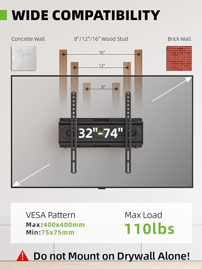 USX MOUNT TV Wall Mount for 32-74 inch Flat Screen/LED/4K up to 110lbs, Full Motion TV Mount Bracket with Swivel & Tilt Articulating Dual Arms, Max VESA 400x400mm, Fits 12/16" Wood Studs