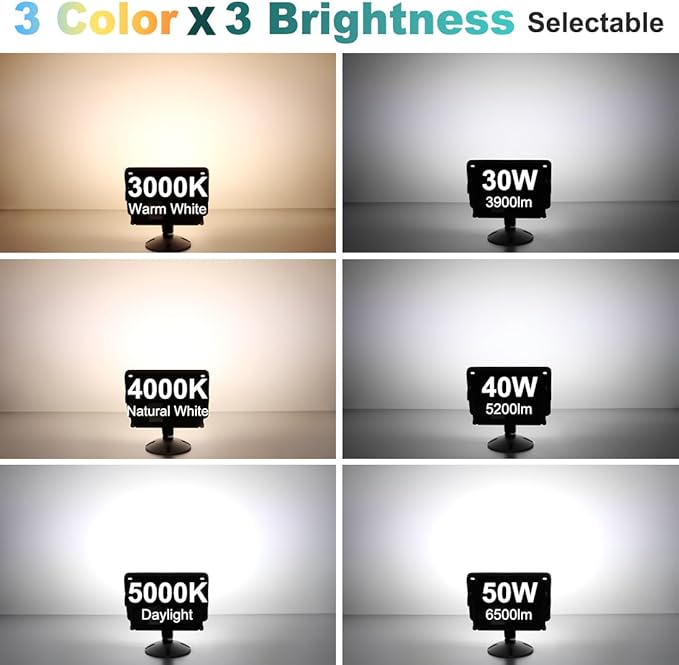 kadision LED Flood Light 50W/40W/30W, 3CCT 3000K/4000K/5000K Selectable, Dusk-to-Dawn Photocell, IP65 Waterproof Adjustable Knuckle Mount Security Lights, 100-277V ETL Listed, White 4 Pack