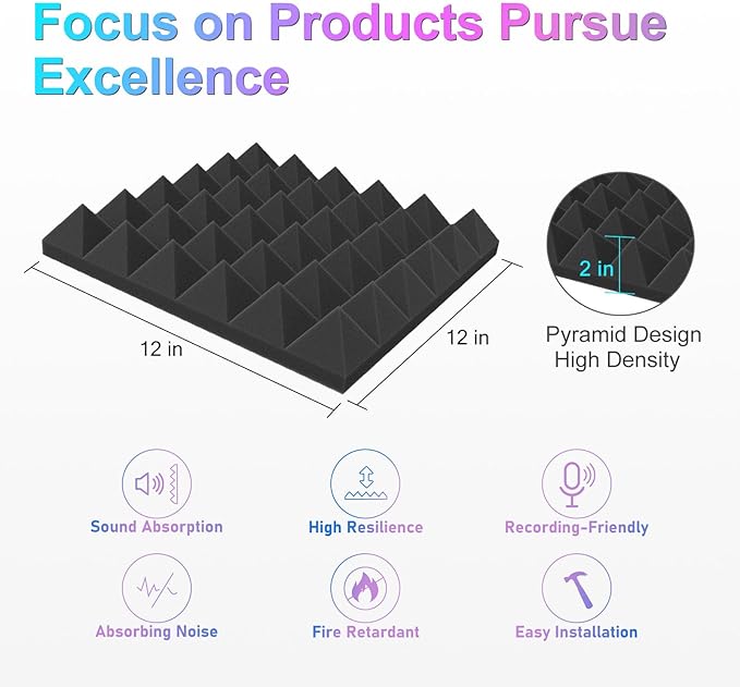 JBER Acoustic Sound Foam Panels, 24 Pack 2" X 12" X 12" Charcoal Soundproofing Treatment Studio Wall Padding Sound Absorbing Fireproof Pyramid