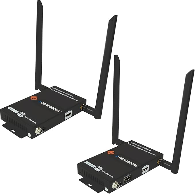 J-Tech Digital Wireless HDMI Extender 1080p up to 660 ft Extension, Transmitter & Receiver Kit Selectable Frequencies to Limit Interference, IR Remote Control (up to 4 Sets)