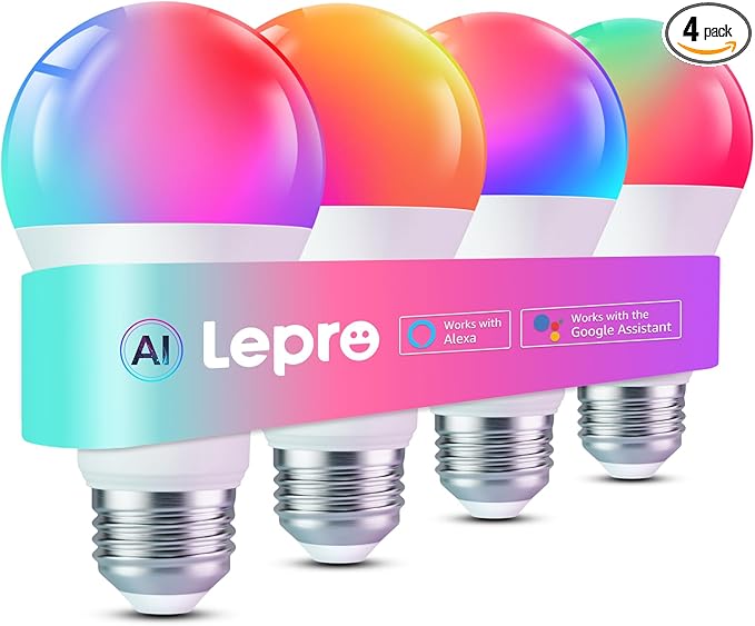 Lepro B2 AI Smart Light Bulbs - 1100LM WiFi & Bluetooth RGBWW Color Changing LED Bulb, Works with Alexa & Google Assistant, Personalized Al Lighting Designer, AI Voice Control, 2.4GHz Only, 4 Pack