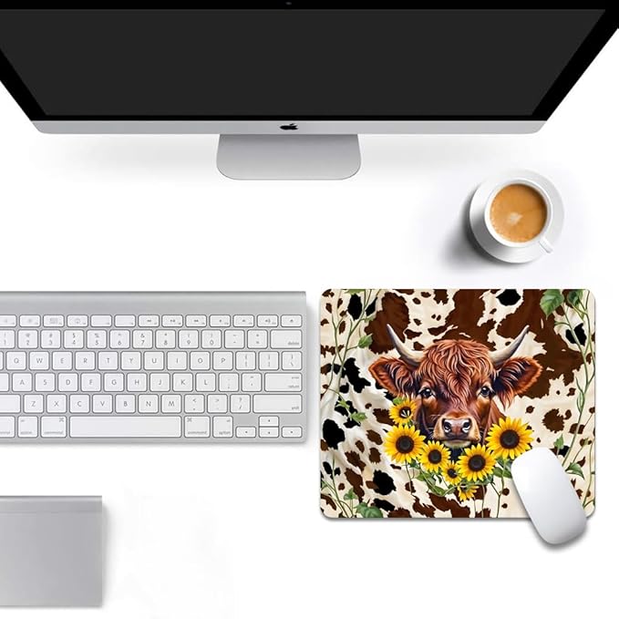 Western Highland Cow Sunflowers and Cowhide Brown Square Mouse pad, Texture, Waterproof, Anti Slip Rubber Base, Computer Mouse pad