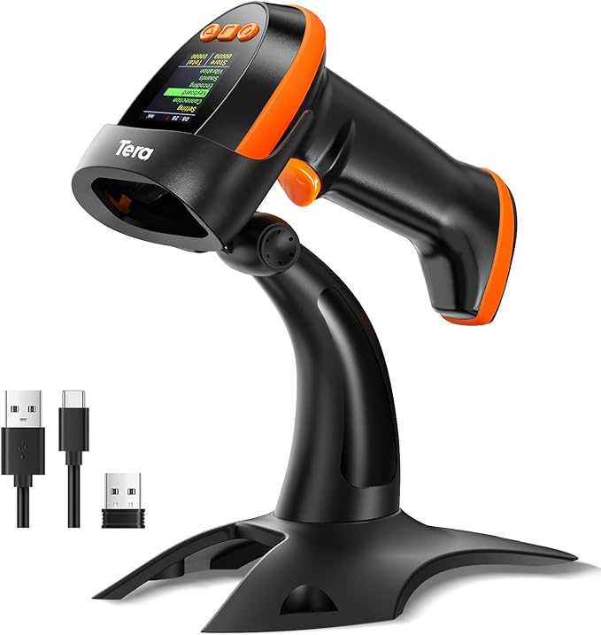 Tera Barcode Scanner Wireless 2D with Stand: Pro Version Digital Setting Screen Keypad Works with Bluetooth 2.4G Wireless USB Wired Extra Fast Scanning Speed Handheld Bar Code Reader HW0009-Z