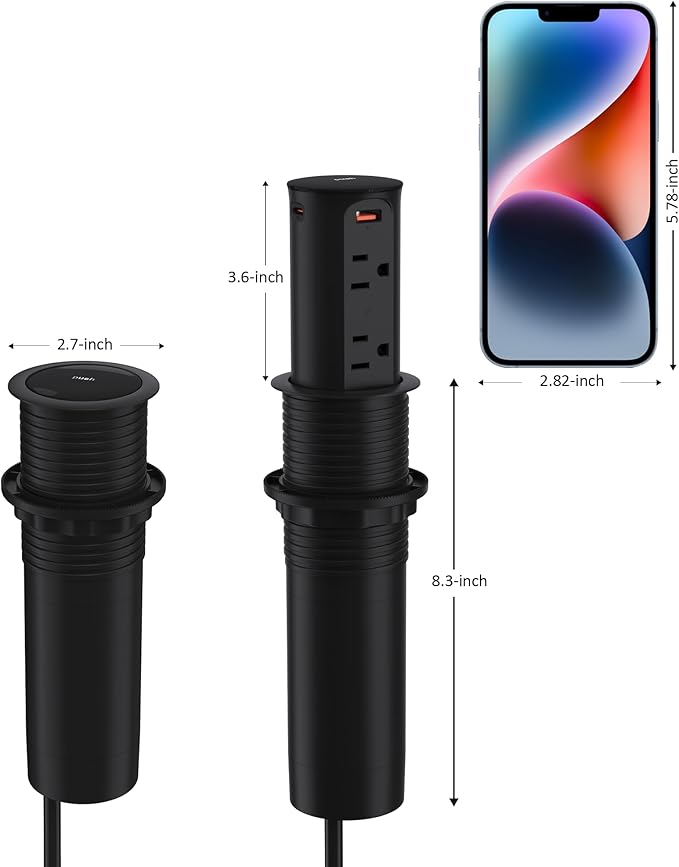 Jgstkcity 2.5 inch Hole Pop up Outlet for Countertop,20W USB C,4 USB Ports,4 Outlets 15Amp Receptacle Flush Mount,Space Saver Recessed Outlet,1875W,ETL Listed,2 PCS (Black, 20W USB)
