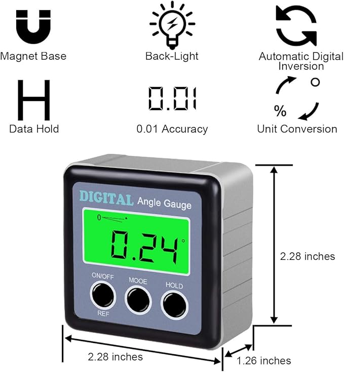Digital Angle Gauge, Angle Finder Magnetic Digital Level Protractor, Table Saw Accessories with LCD Backlight Display Data Hold and V-groove & Magnetic Base