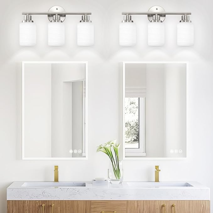 Guliaofo 3-Light Bathroom Light Fixtures, Vanity Lights for Mirror with Textured Milky White Glass Shade, Modern Kitchen Light Fixtures Wall Sconce Light - E26 Base - Brushed Nickel