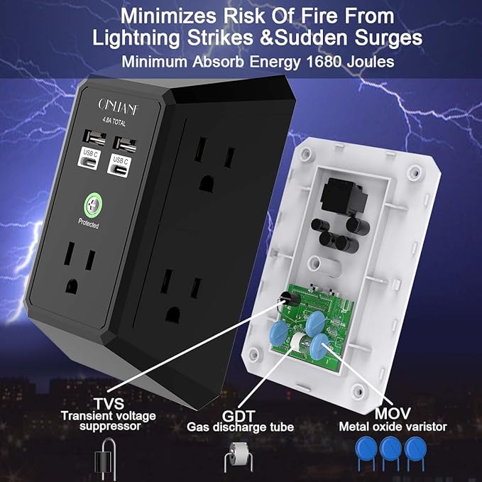 USB Wall Charger, Surge Protector, QINLIANF 5 Outlet Extender with 4 USB Charging Ports (4.8A Total) 3-Sided 1680J Power Strip Multi Plug Outlets Wall Adapter Spaced for Home Travel Office(2U2C),Black