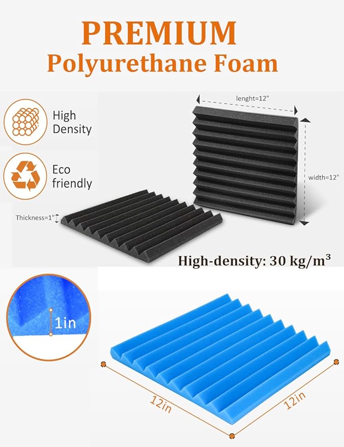 Sound Proof Foam Panels for Wall 48 Pack Acoustic Panels Sound Absorbing 1" X 12" X 12" Fire-Proofed Soundproofing Foam High Density Sound Dampening Panels for Room Studio Blue Black