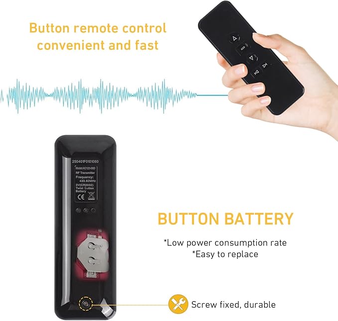 Rollerhouse AC123-06 RF433.92MHz Transmitter, 6 Channel Hand-Held Controller for Electric Blinds, Shades, Curtains, and Awnings - Black