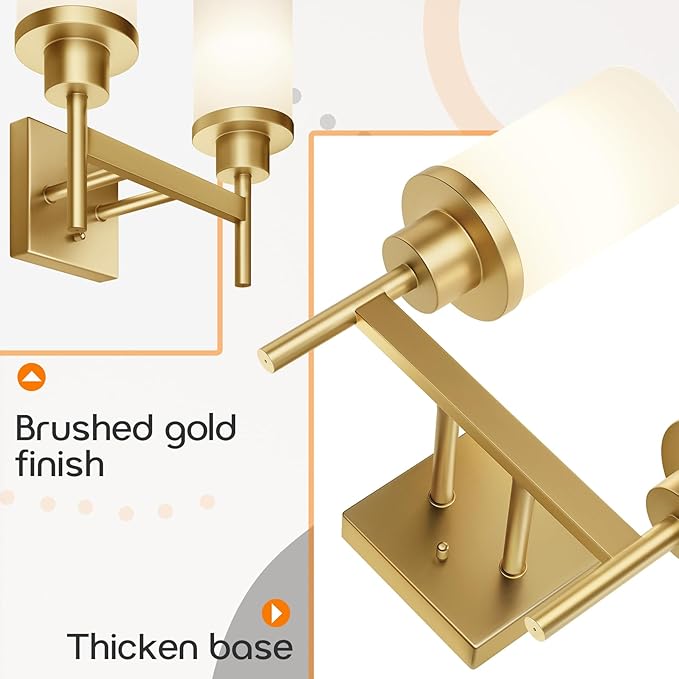 AONEON Vanity Lighting Fixtures with White Frosted Glass Shade, Double Wall Lamps for Bathroom Mirror Bedroom Living Room Washroom Porch, Gold T001GD-L2