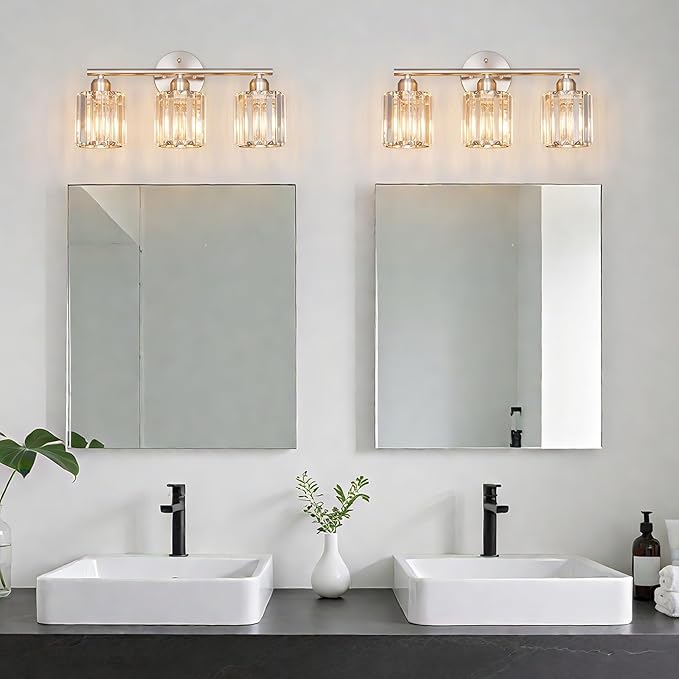 FDPBY Modern 3 Light Crystal Vanity Light, Brushed Nickel Vertical Bathroom Light Fixture Over Mirror for Dressing Table Sink, Compatible with Dimmable Bulbs (Bulbs Not Included)