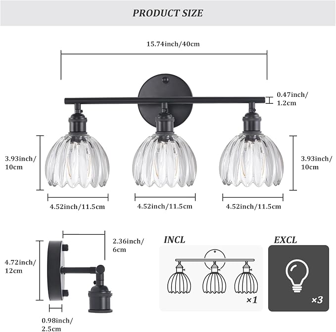 Shenmoyl Bathroom Light Fixtures, 3-Light Black Vanity Wall Light Over Mirror with Clear Tulip Glass Shade for Bedroom Living Room (Bulb Not Included)