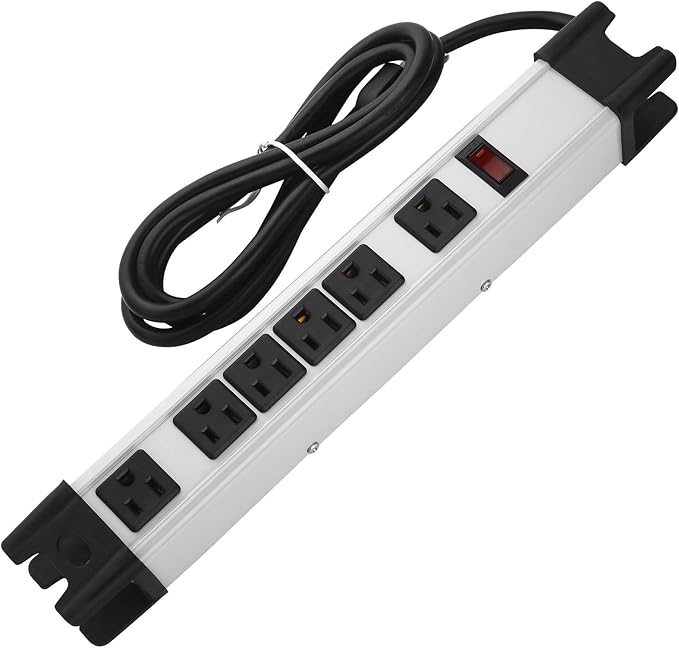 Heavy Duty Surge Protector Power Strip - 6 Outlet Industrial With 15A, Shop Workshop Garden Metal, 6FT Cord, 1200 Joules, ETL Listed (15FT, Grey)