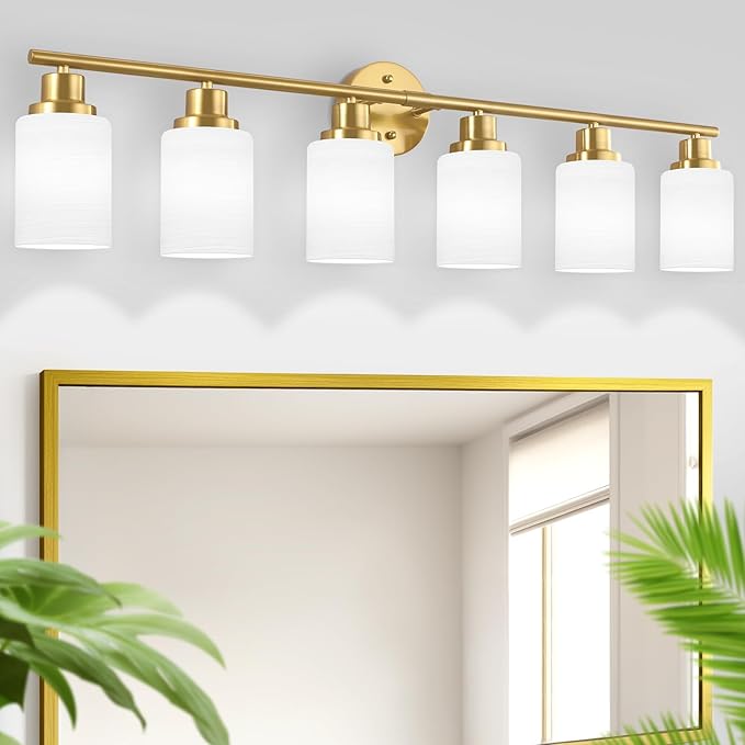 Guliaofo 6-Light Vanity Lights, Brushed Gold Bathroom Light Fixture with Striped Textured Milky White Glass Shade, E26 Wall Sconce, Modern Vanity Lighting Fixture for Bathroom Wall Light Over Mirror
