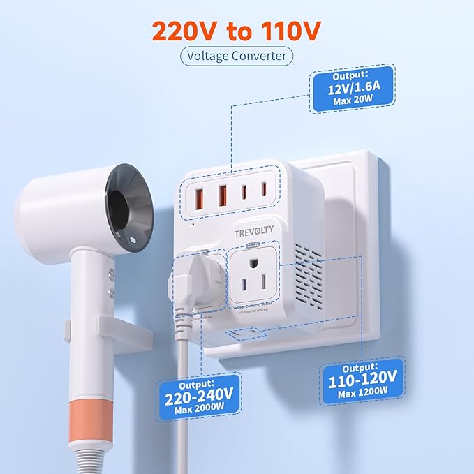 TREVOLTY 2000W Voltage Converter US to Europe for Hair Dryers, 7-in-1 220V to 110V Converter for European Travel with 3 AC/2 USBA/2 USBC Ports (PD20W), Universal Travel Adapter (White)