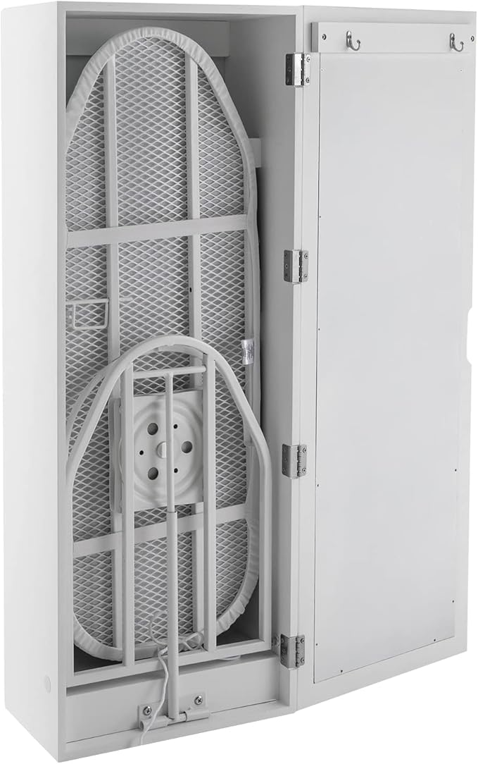 Wall Mounted Ironing Board Cabinet with Storage and Miror Door, 180° Swivel Ironing Boards with Garment Hooks, Foldable Ironing Storage Station for Home, Laundry Room, White