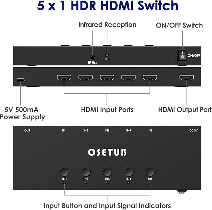 4K@60Hz 5 in 1 Out HDMI Switch, 5 Port HDMI Switcher Selector Support HDR10 & HDCP 2.2 & Full 3D with IR Remote Control Compitable with Nintendo Switch,Xbox PS5/4,Fire Stick,Roku,Apple TV for Gaming