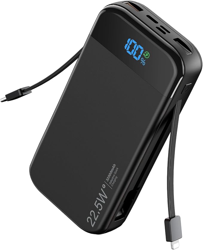 LENGSUM Portable Charger Power Bank Built-in Cables, 32000mAh 22.5W USB C Fast Charging, 5 Outputs 3 Inputs Travel Essentials Battery Pack Compatible with iPhone, iPad, Samsung, Google Pixel, Black