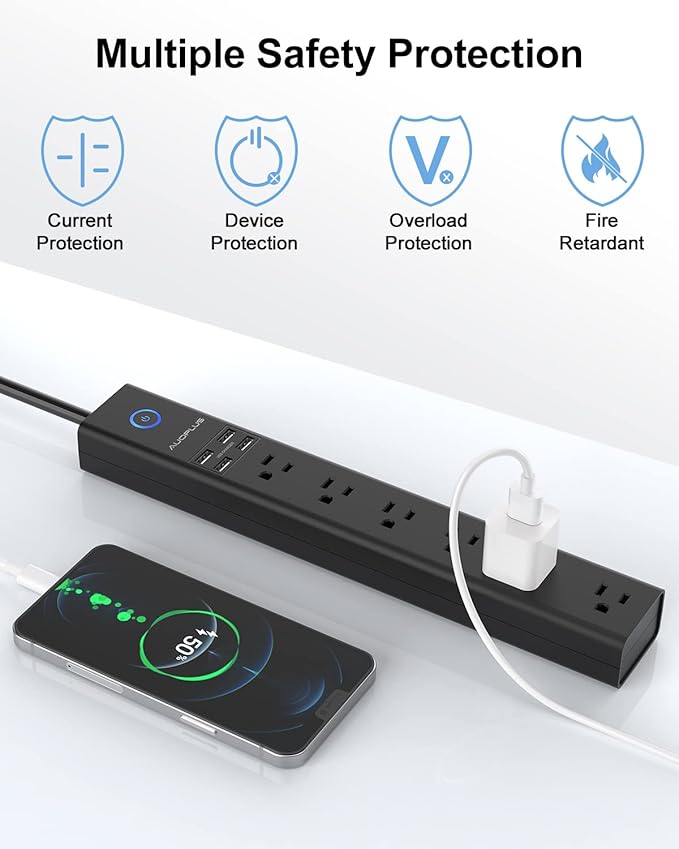 2 Pack Power Strip Surge Protector - AUOPLUS 6 Outlets 4 USB Ports 6Ft Long Extension Cords, Flat Plug Overload Protection, 2100 Joules, Wall Mount for Home, Office and Dorm Essential, ETL Listed