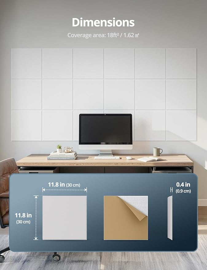 Square Acoustic Wall Panels, Sound Absorbing Panels for Walls, Ceiling, Doors, 18 Pack 12"x12"x0.4" Self Adhesive Decorative White Acoustic Tiles for Recording Studio, Office, Room, Home